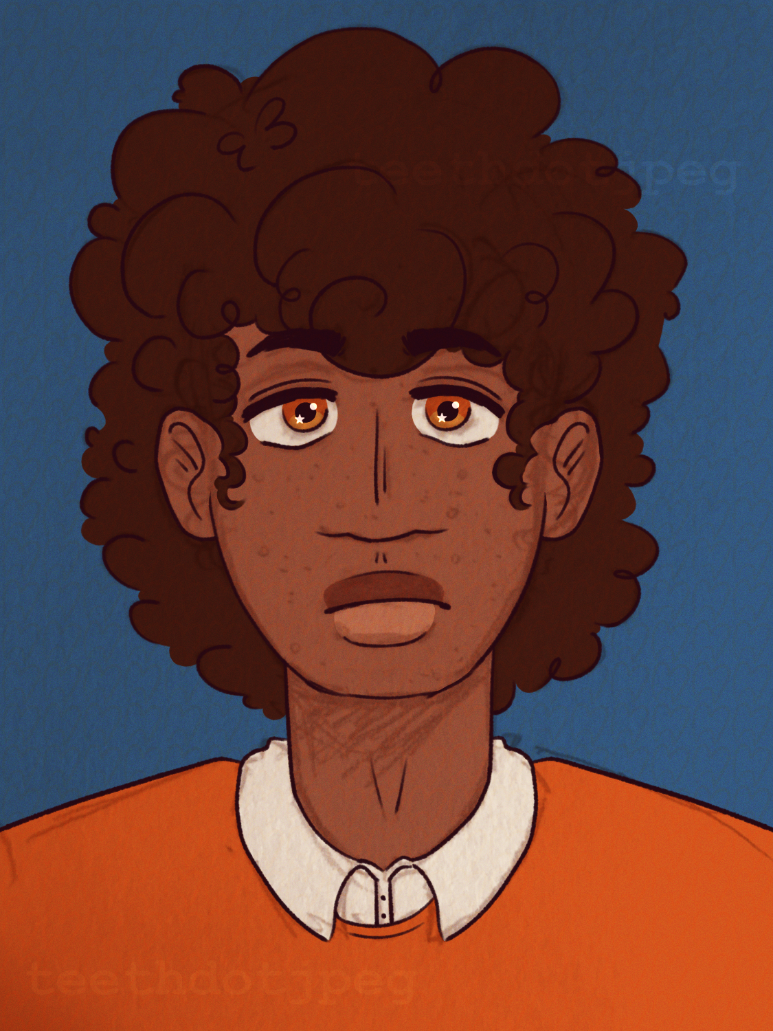 A drawing of a teenager with a medium skin tone; freckles; short, curly dark hair; and amber eyes. She is wearing a white dress shirt and orange sweater vest. They have a slightly worried expression on their face.