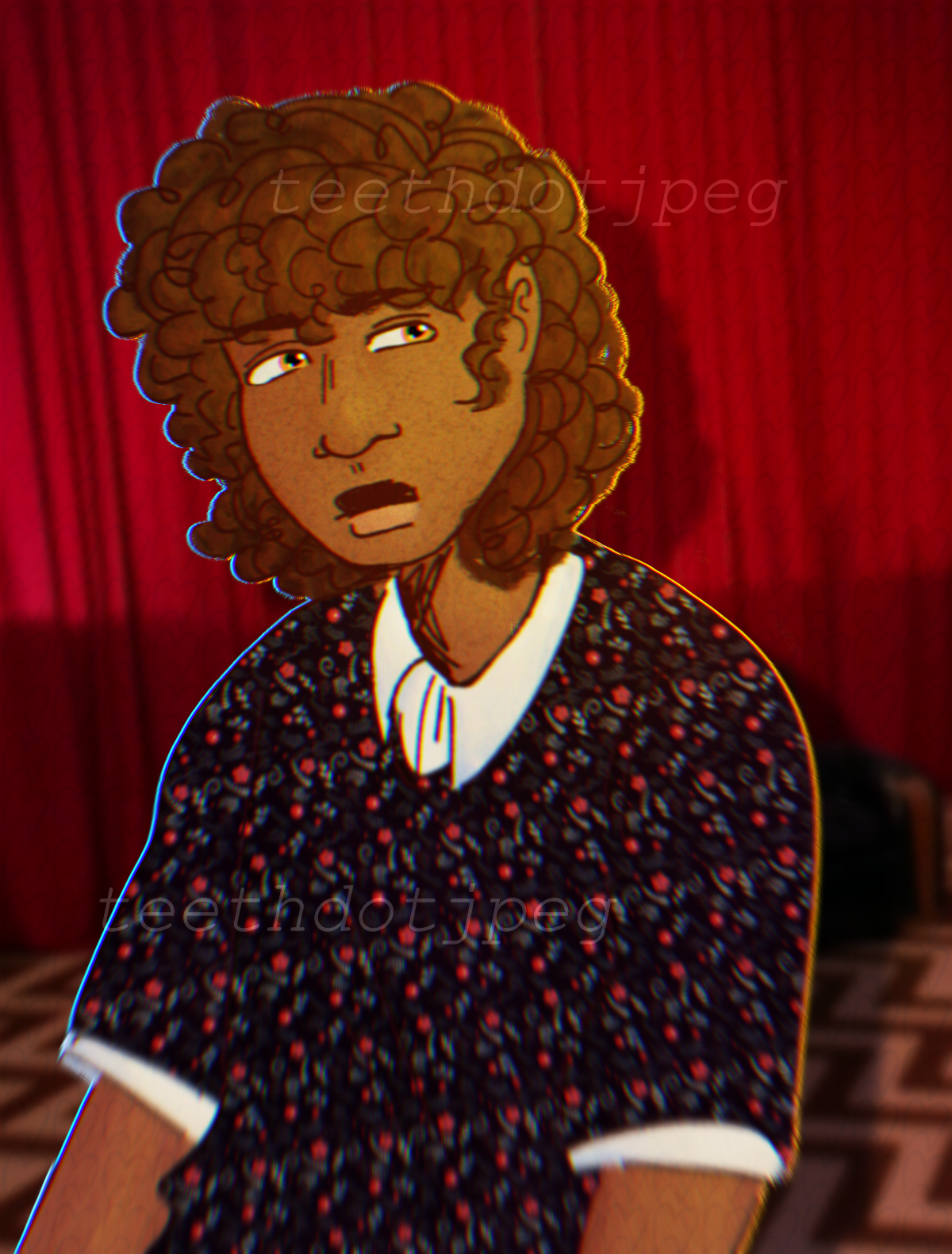 A drawing of a teenager with a medium skin tone; freckles; short, curly dark hair; and amber eyes. She is wearing a white collared shirt underneath a black shirt with red flowers. They have a bit of a resting bitch face.