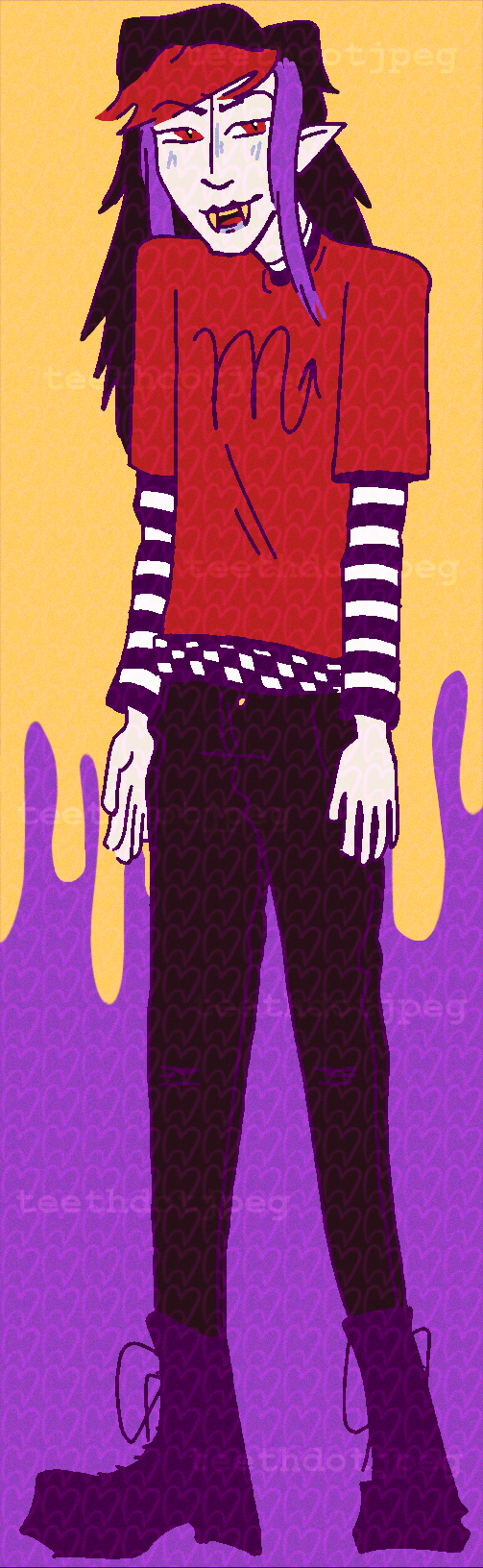 A drawing of a thin, slightly slouching, and very pale teenager. She has long black, red, and purple hair, red eyes, fangs, and pointy ears. She is wearing a red t-shirt over a black and white striped long-sleeve shirt, a black and white checkered belt, black skinny jeans, and chunky black boots.