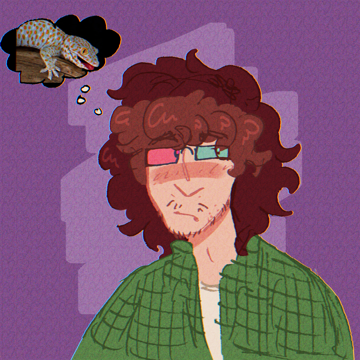 A drawing of a white teenage boy with brown wavy hair to his shoulders, 3D glasses, minimal facial hair, and a crooked nose. He is looking to the side, wearing a white shirt and green flannel jacket, and has a thought bubble with a picture of a tokay gecko in it.